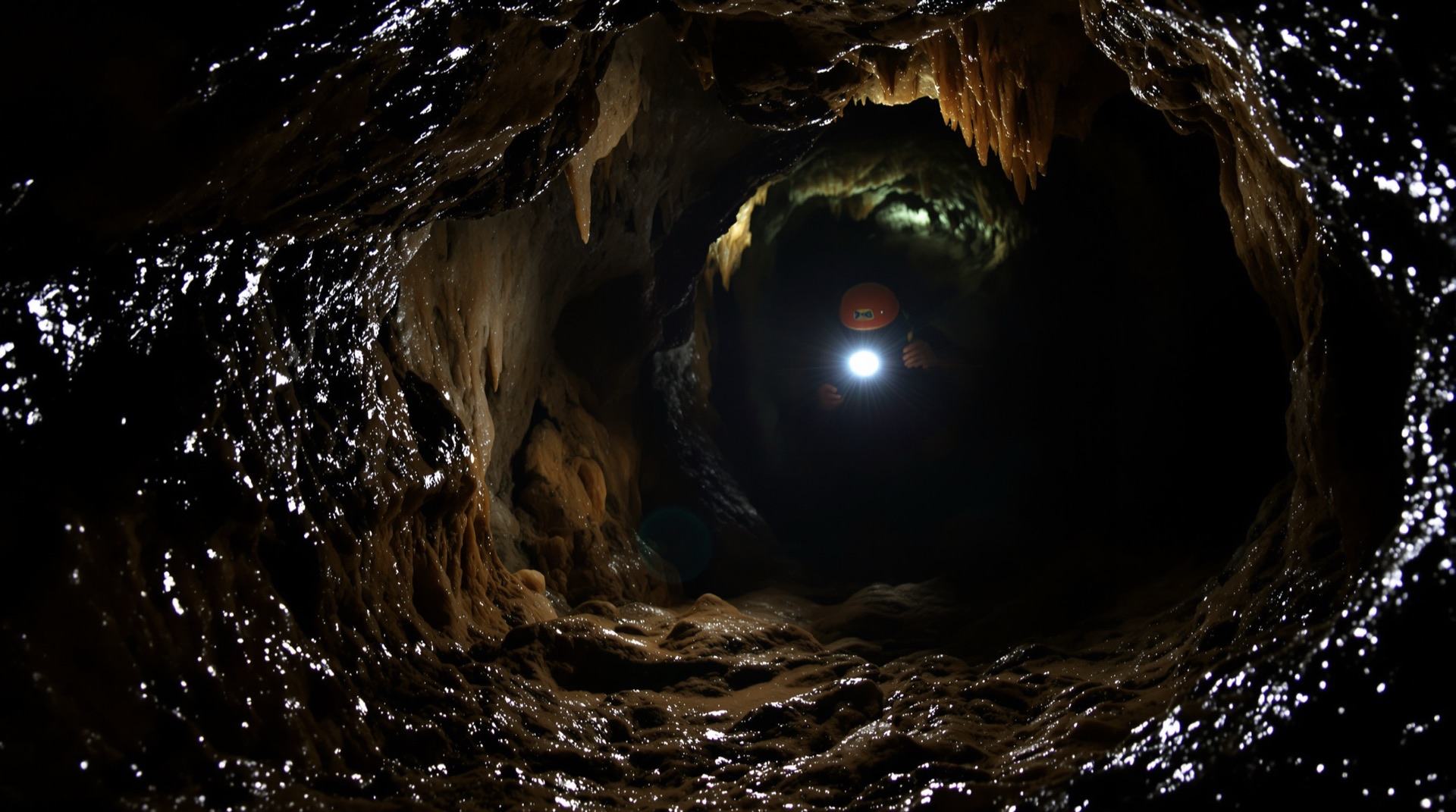 Caver with headlamp moving through a limestone passage
