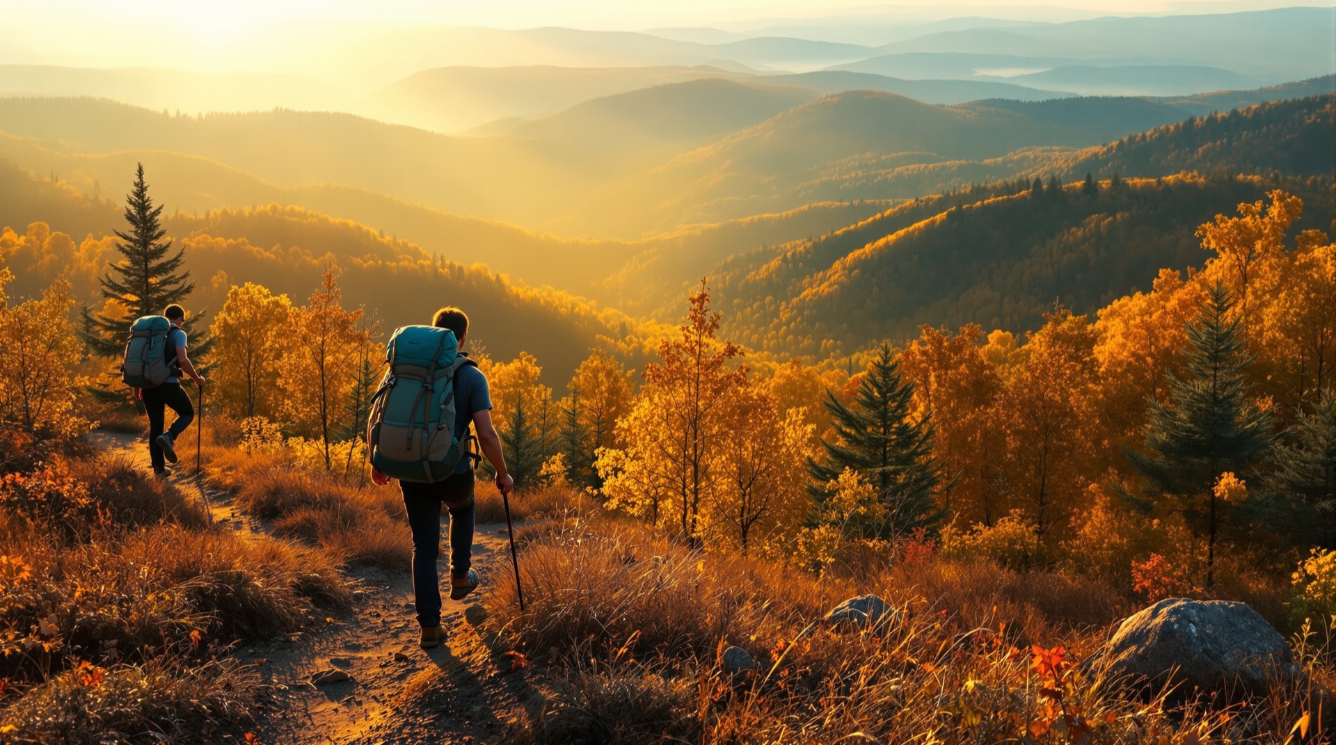 Backpackers on a hardwood ridgeline trail in autumn