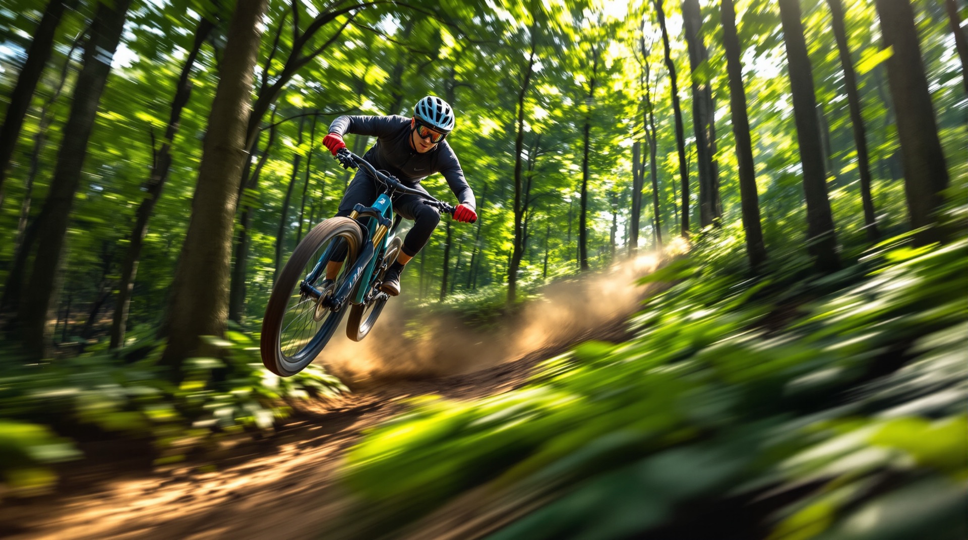 Mountain biker carving a bermed forest singletrack turn