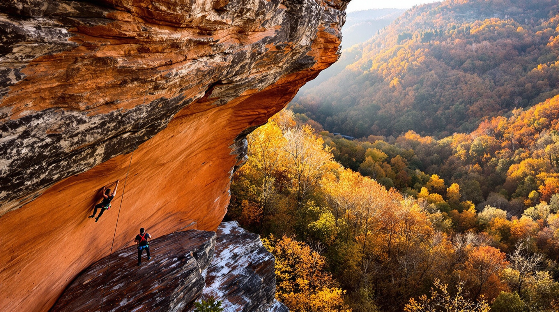 Sport climber on overhanging sandstone above a forested gorge