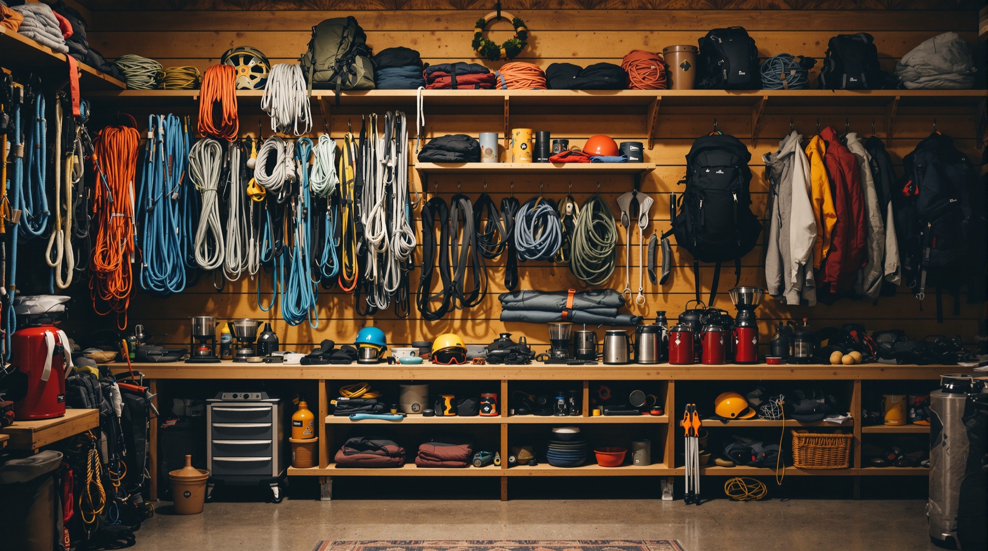 Well-organized outdoor gear closet with ropes, packs, and helmets