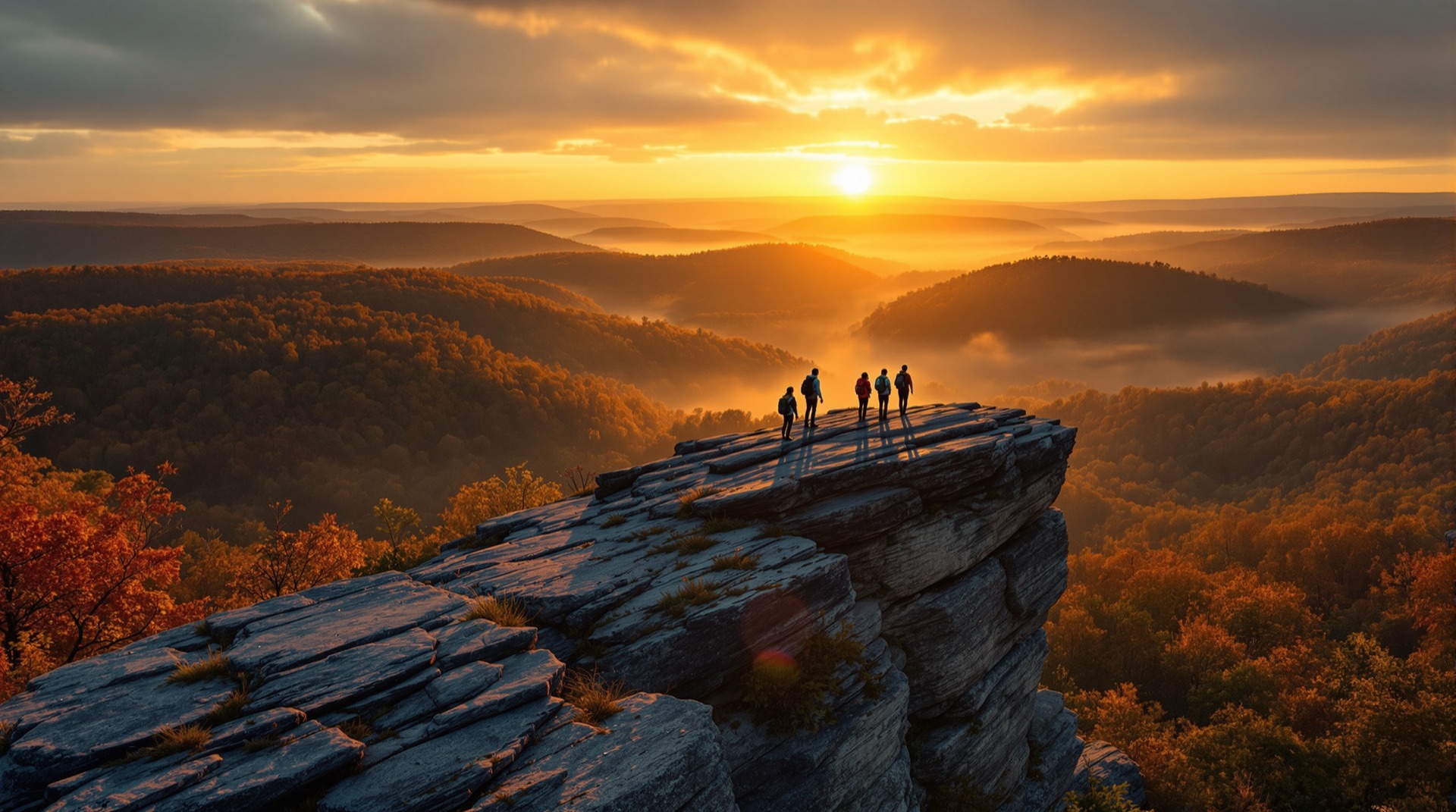 Hikers cresting a forested limestone ridge at golden hour in the Midwest