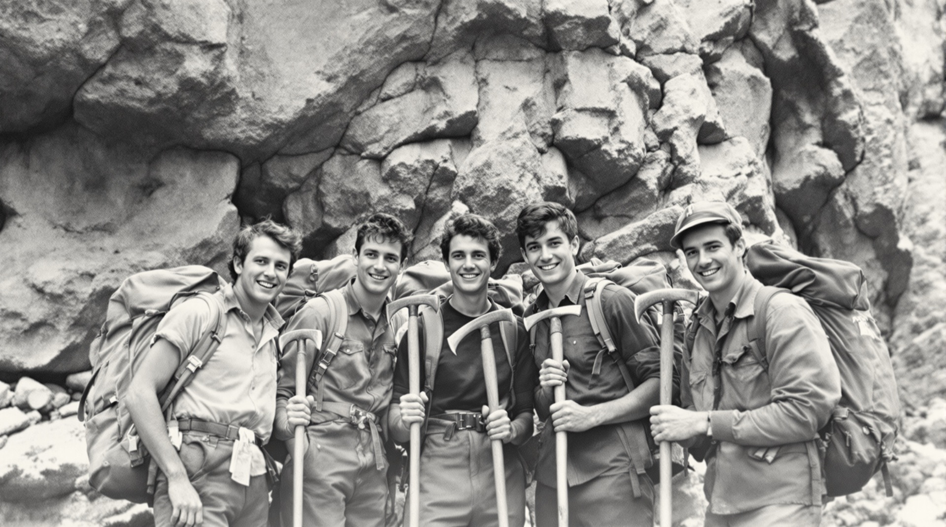 Mid-century students with canvas packs at a limestone cliff