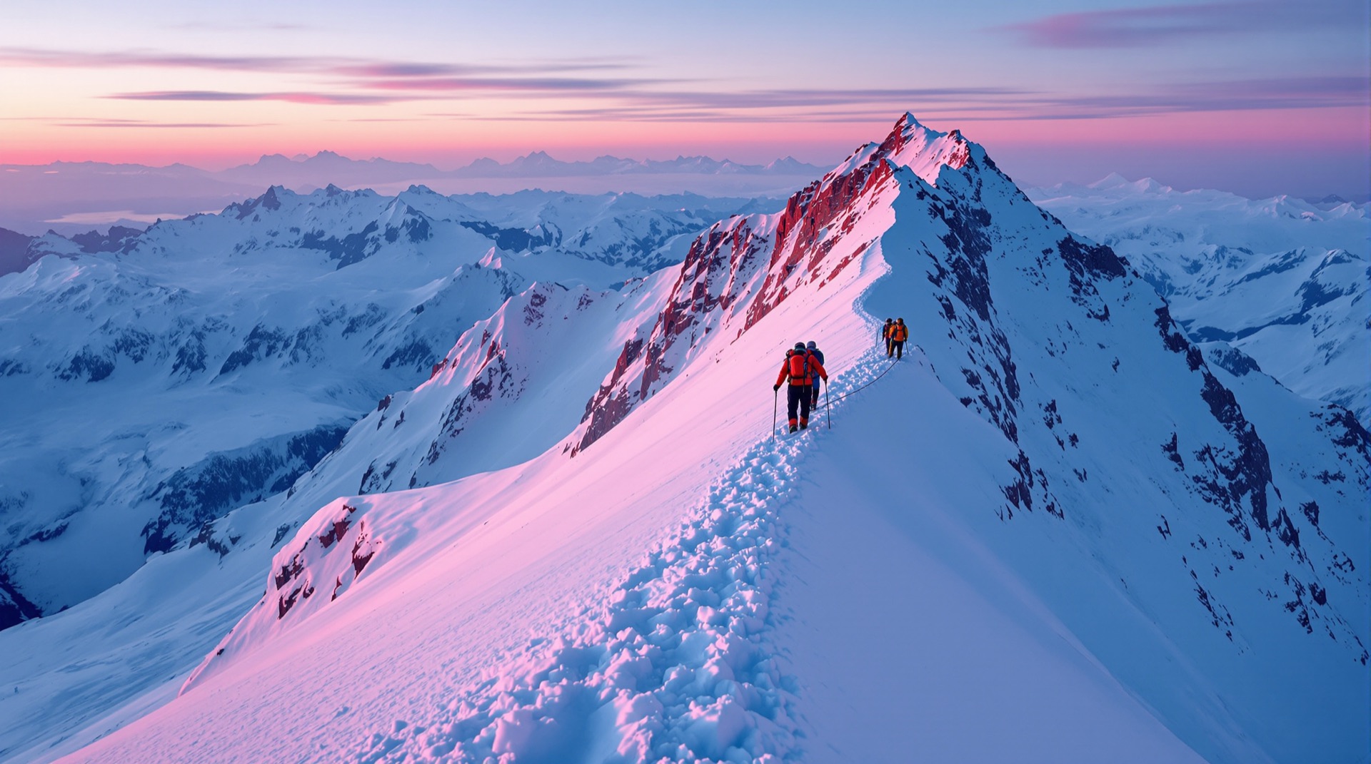 Rope team ascending a glaciated peak at dawn