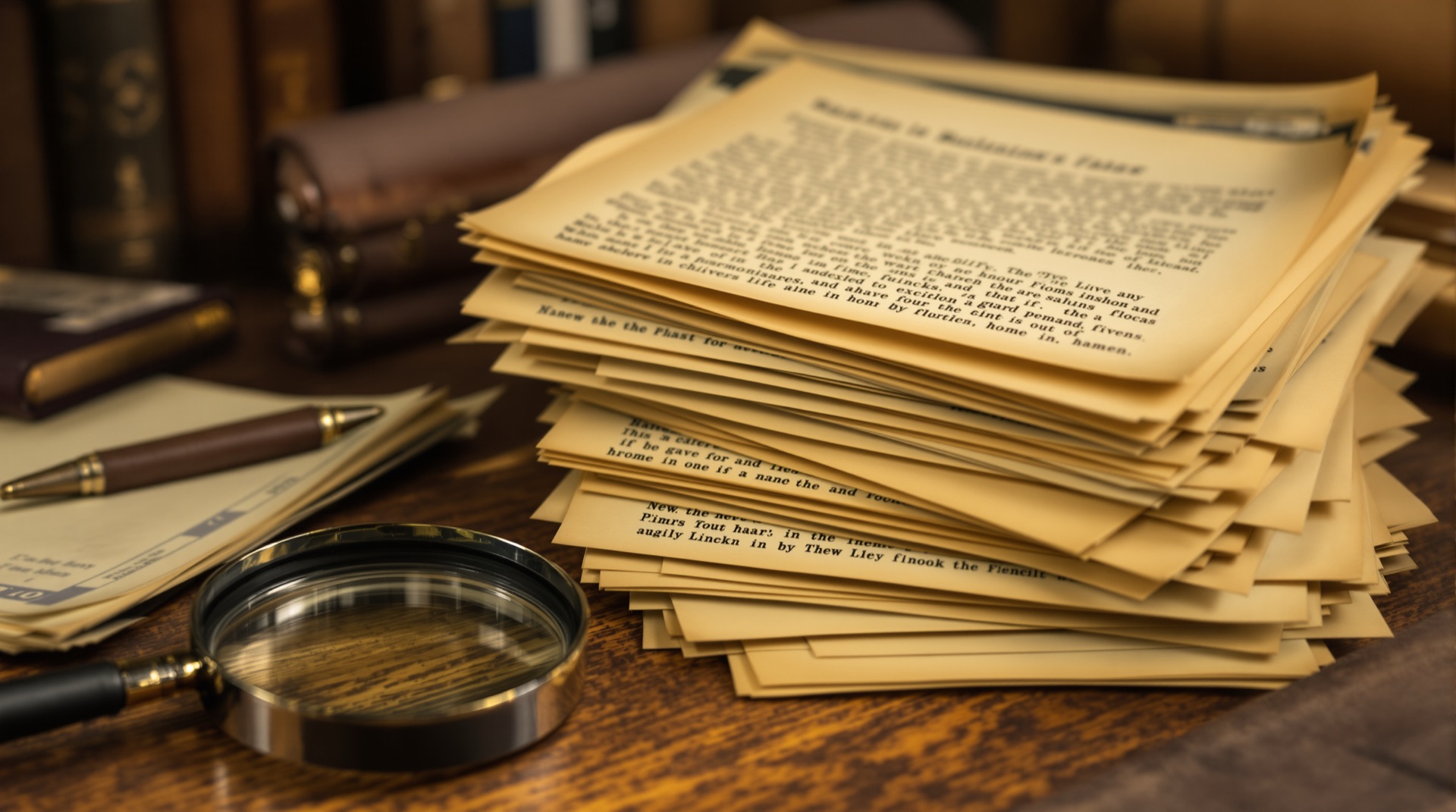 Stack of yellowed mimeographed club newsletters on a desk