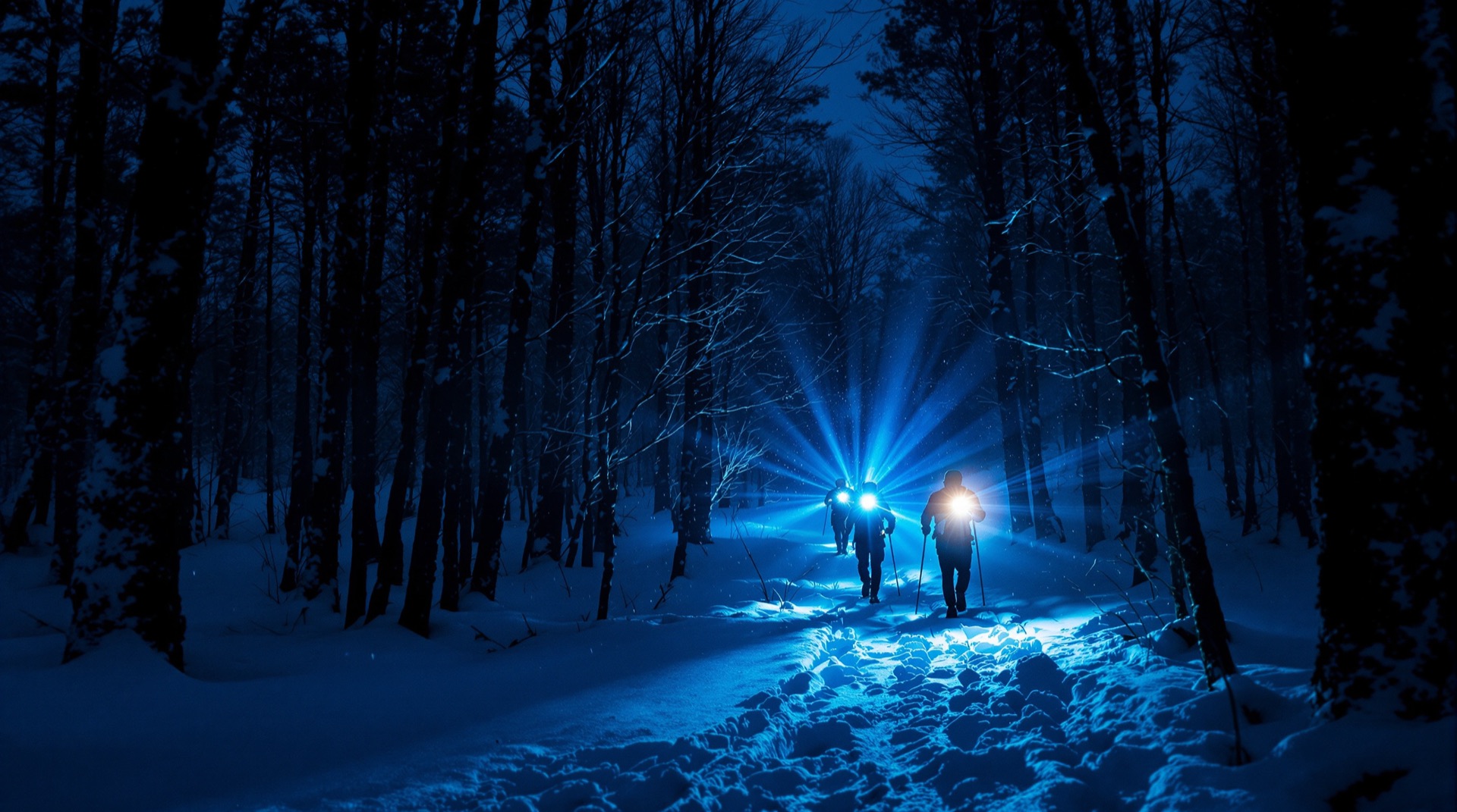 Adventure racers navigating a snowy forest at night by headlamp