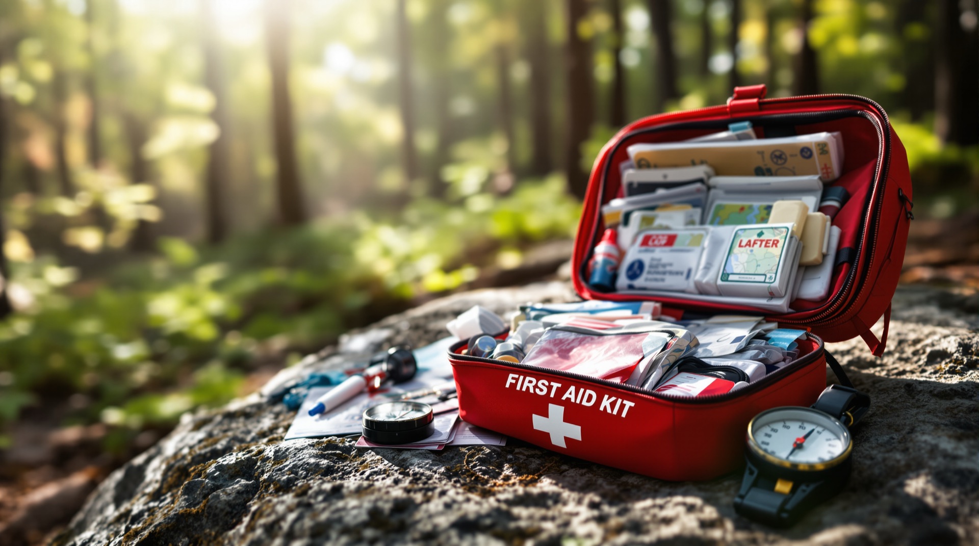 Wilderness first-aid kit with map and compass