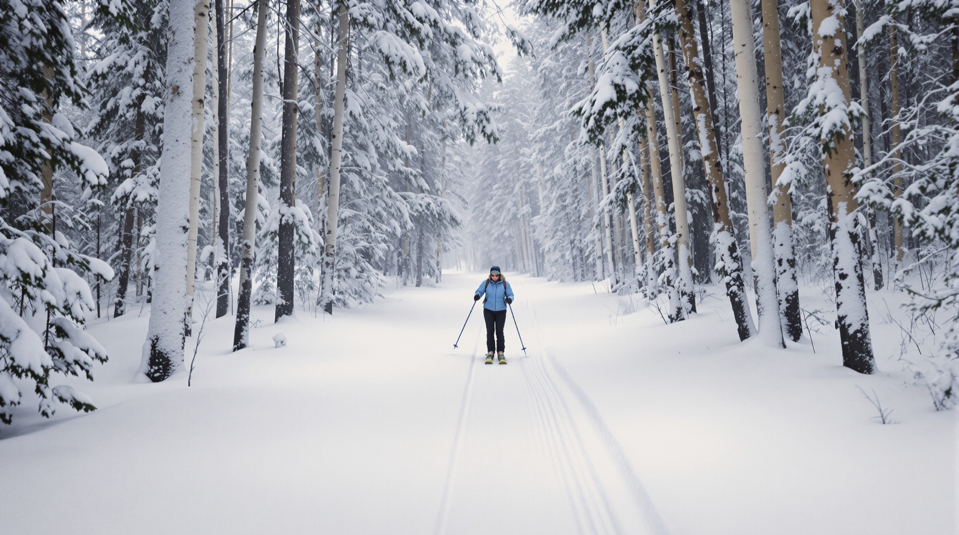 Cross-country skier on a snowy forest trail