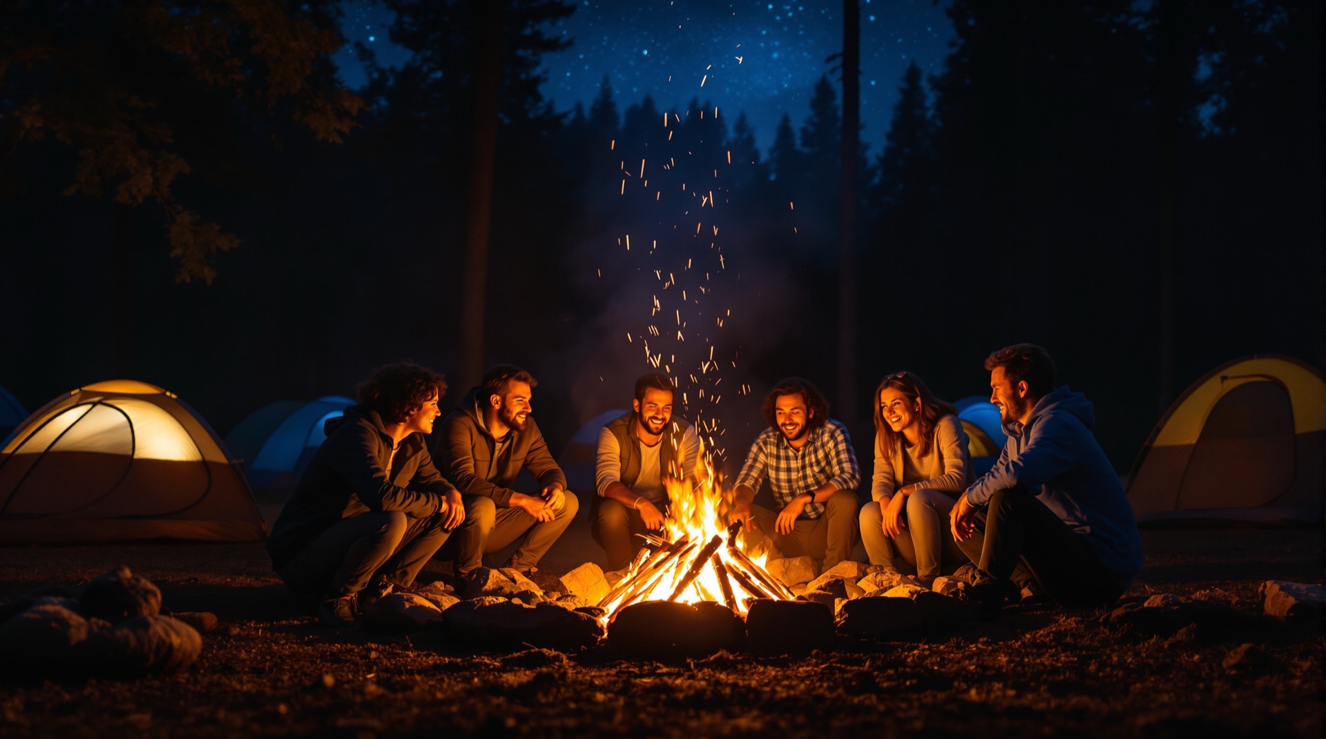 Friends telling stories around a campfire at night